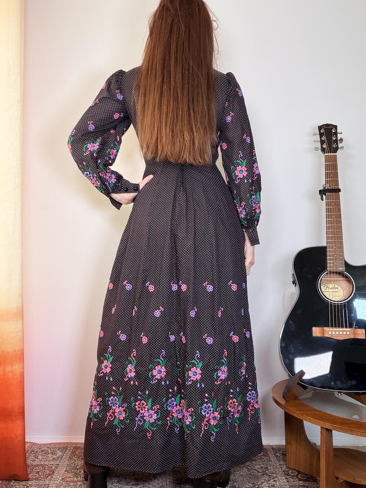 Vintage 1970s Prairie Dress Black Maxi Dress with Flowers and Polka Dots Size 8