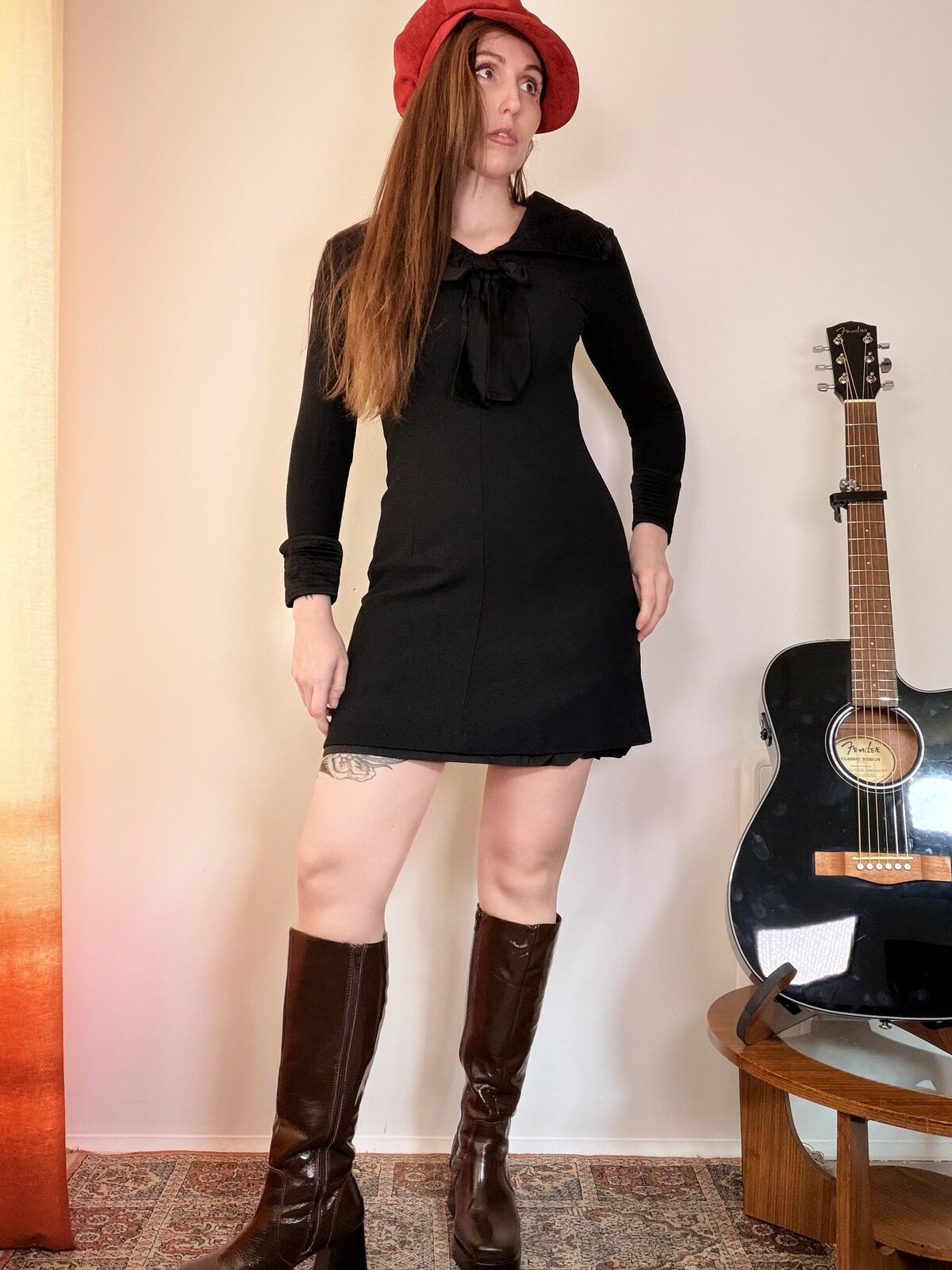 Vintage 1960s Mini Dress Black Long Sleeve gogo Dress with Bow Tie Collar size 8