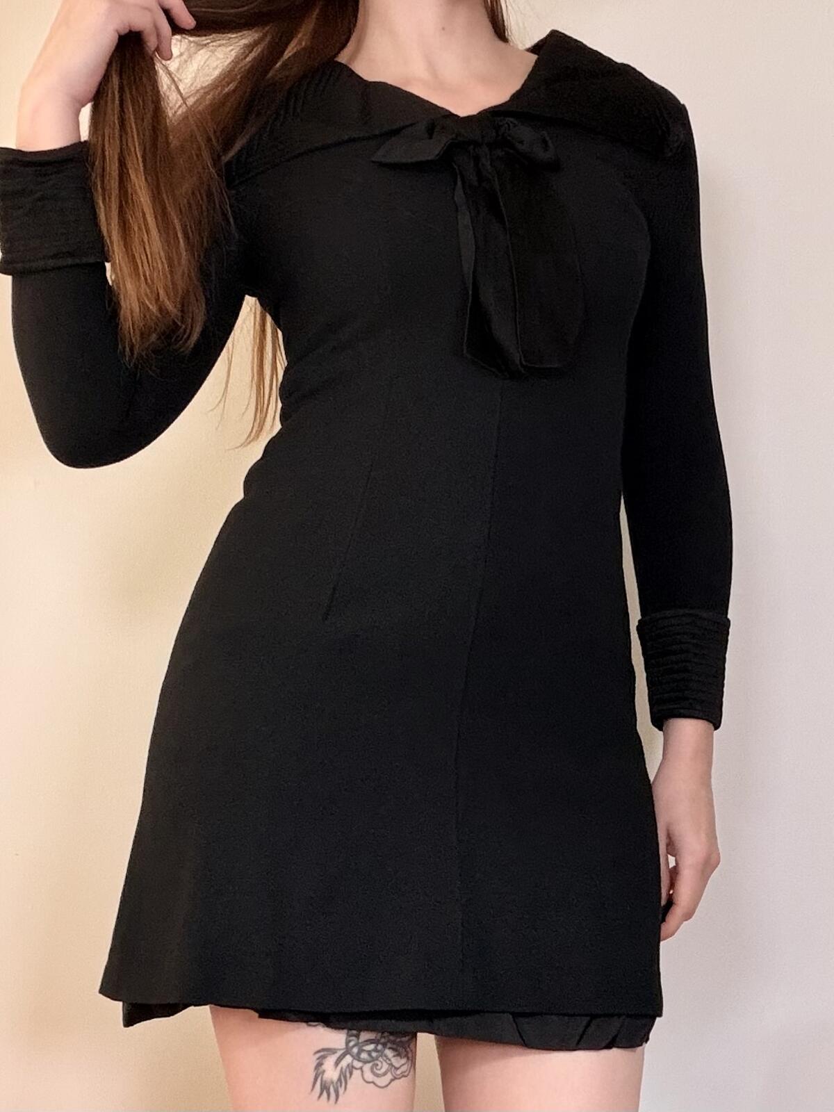 Vintage 1960s Mini Dress Black Long Sleeve gogo Dress with Bow Tie Collar size 8