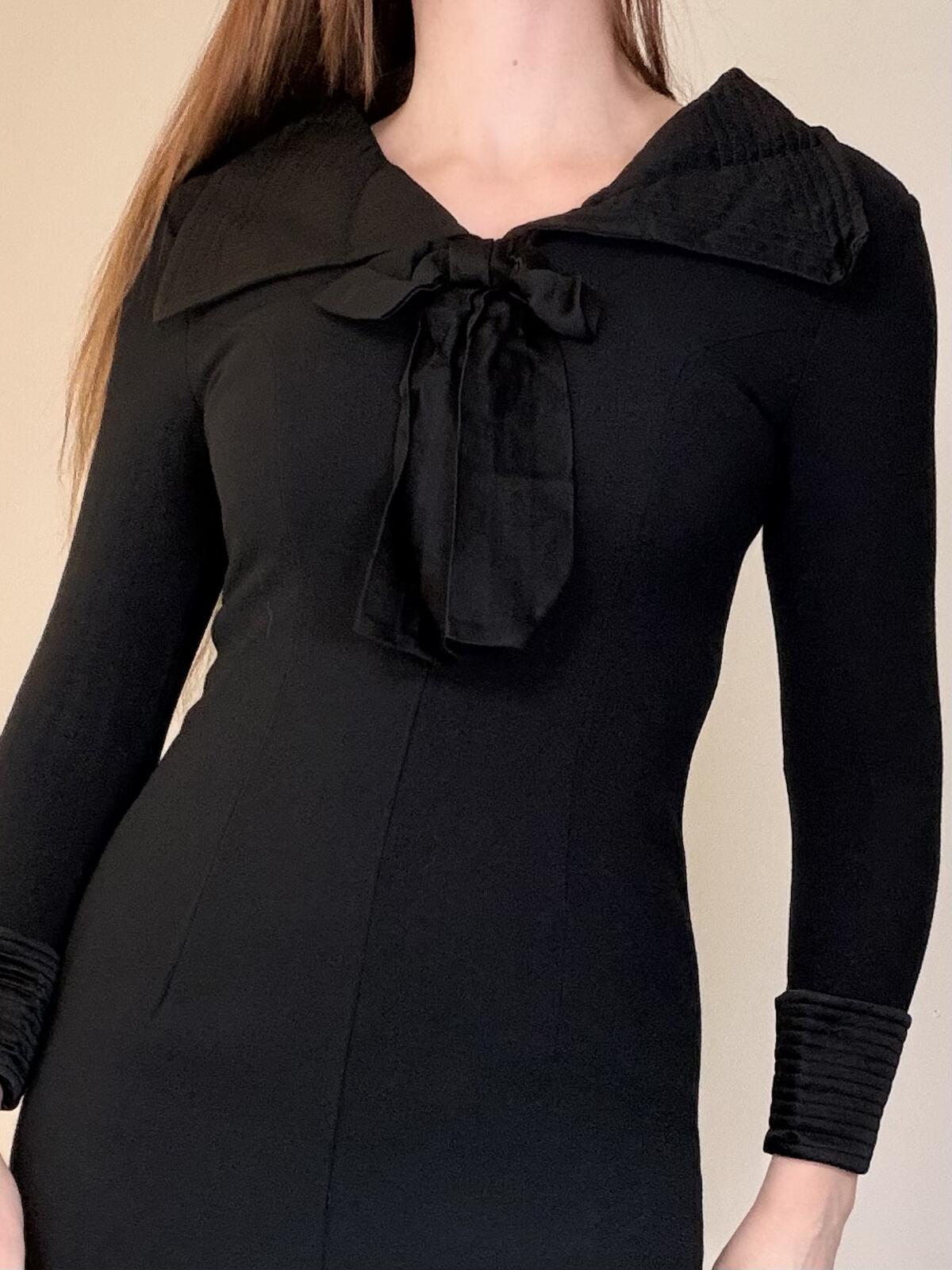 Vintage 1960s Mini Dress Black Long Sleeve gogo Dress with Bow Tie Collar size 8