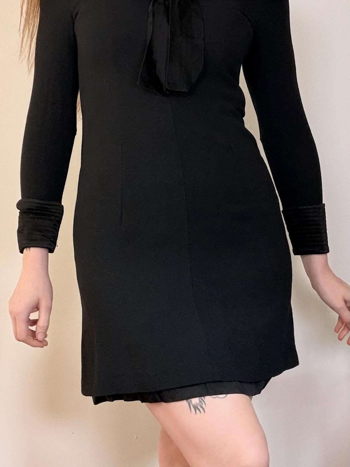 Vintage 1960s Mini Dress Black Long Sleeve gogo Dress with Bow Tie Collar size 8
