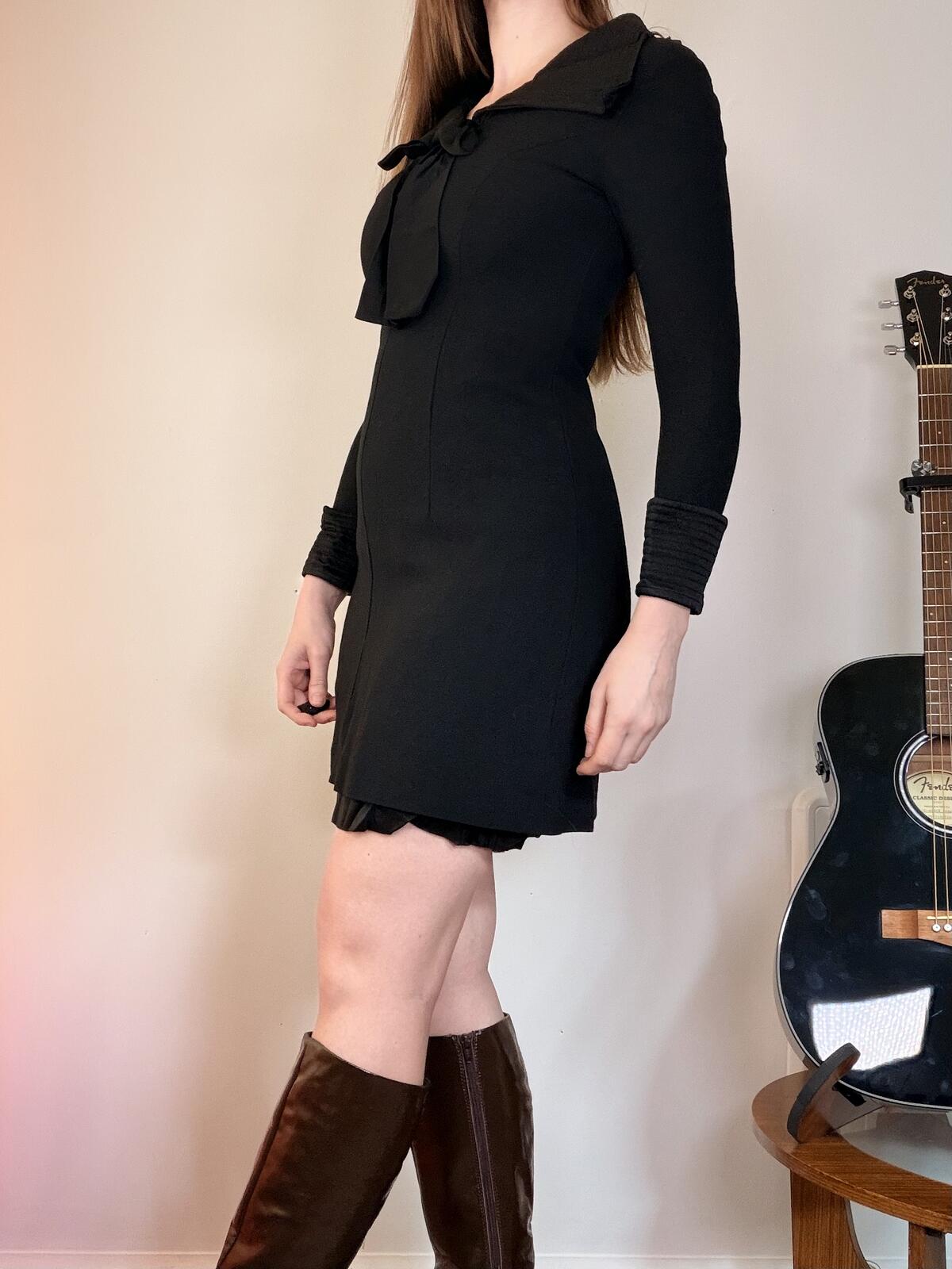 Vintage 1960s Mini Dress Black Long Sleeve gogo Dress with Bow Tie Collar size 8