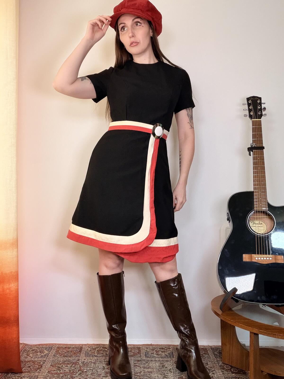 vintage 1960s Gogo Dress Black Mod Style Dress with Red and Cream Trim Size 10