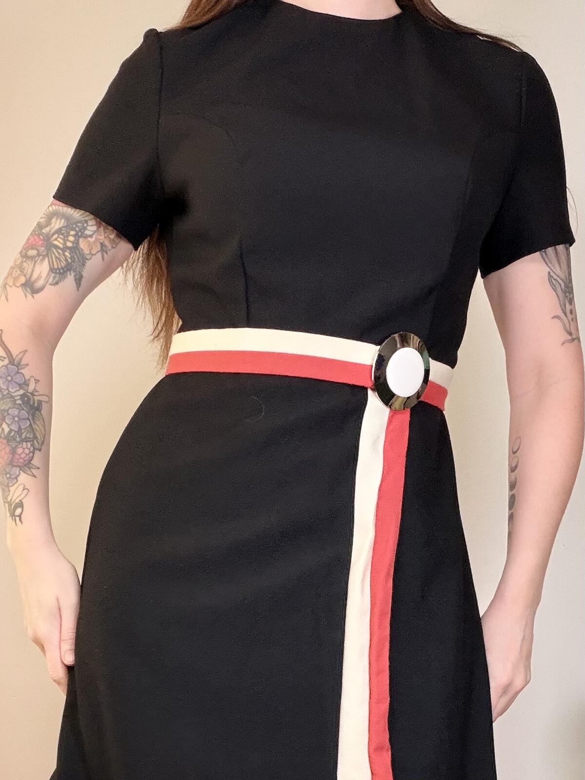 vintage 1960s Gogo Dress Black Mod Style Dress with Red and Cream Trim Size 10