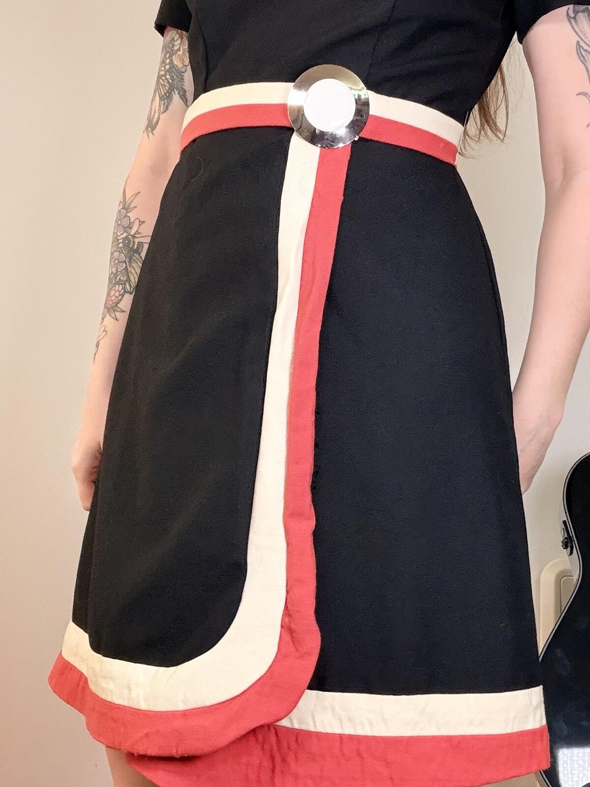 vintage 1960s Gogo Dress Black Mod Style Dress with Red and Cream Trim Size 10