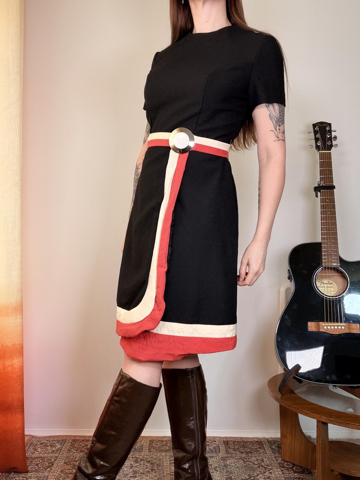 vintage 1960s Gogo Dress Black Mod Style Dress with Red and Cream Trim Size 10