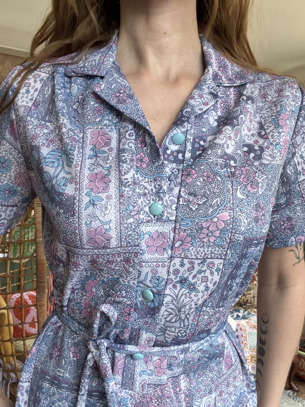 Vintage 1960 Shirt Dress Short Sleeve Floral Paisley Sumner Dress Tie Waist 14