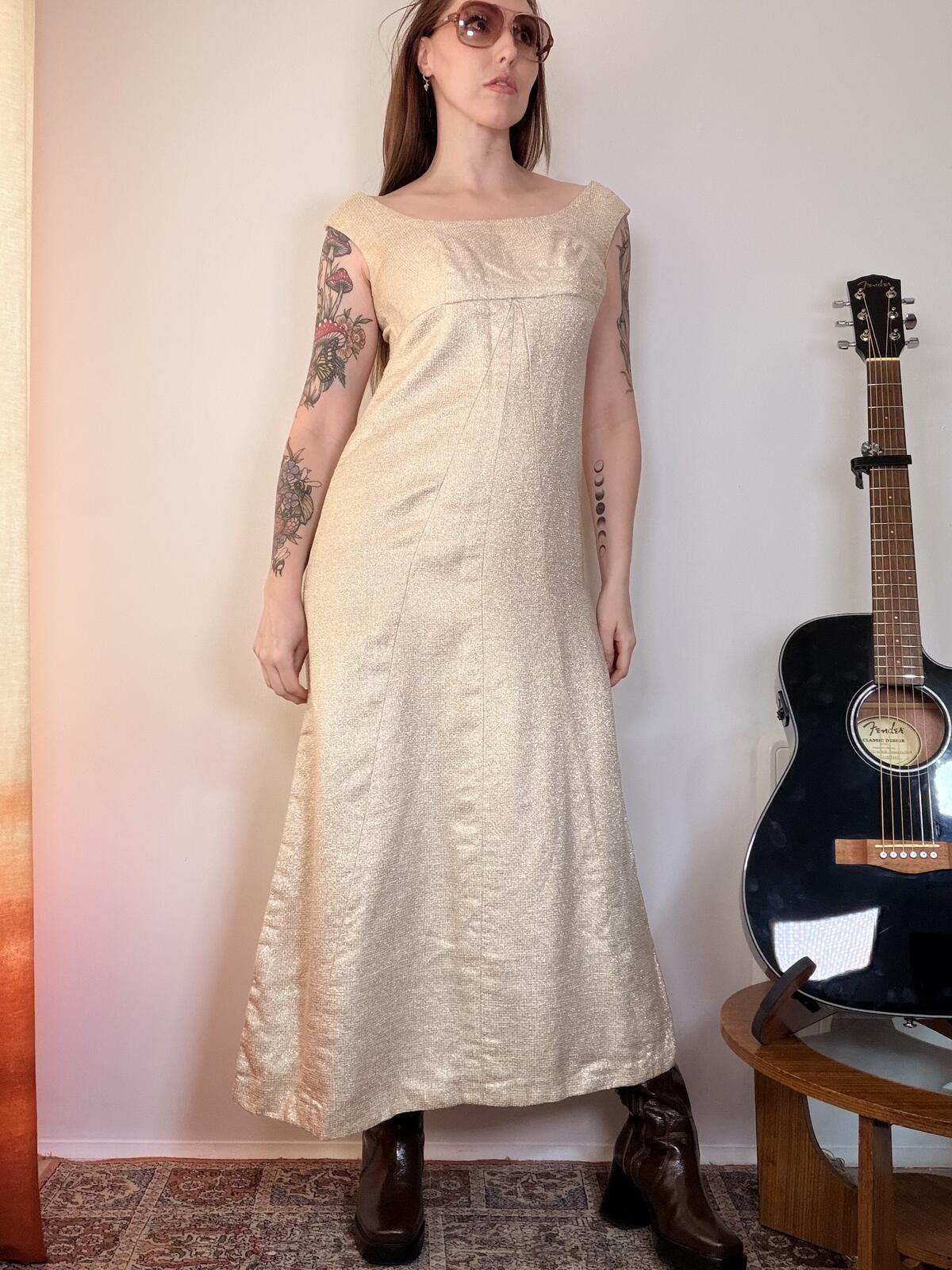 Vintage 1970s Cocktail Dress Cream Long Dress with Subtle Shimmer Size 12