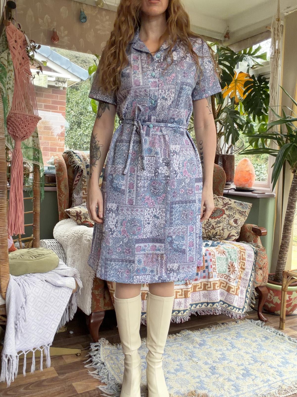 Vintage 1960 Shirt Dress Short Sleeve Floral Paisley Sumner Dress Tie Waist 14