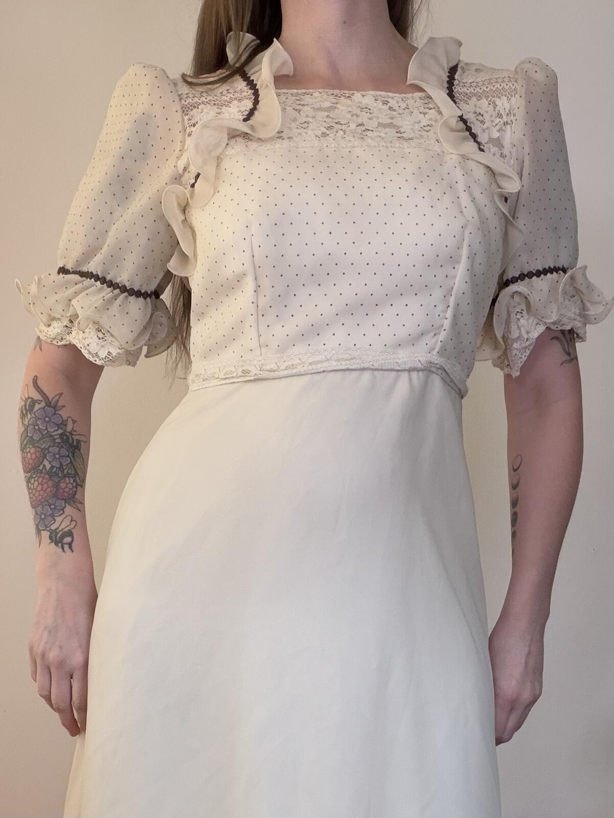 Vintage 1970s Maxi DRESS Cream Polka dot Prairie Dress with Ruffle Trim Size 12