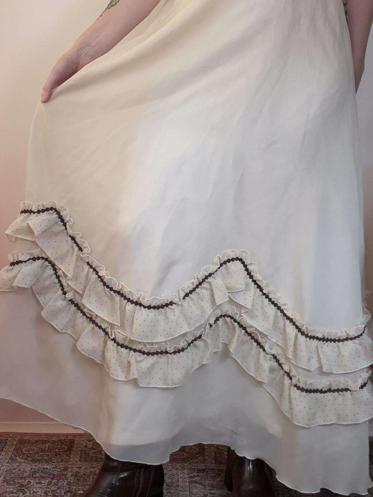 Vintage 1970s Maxi DRESS Cream Polka dot Prairie Dress with Ruffle Trim Size 12