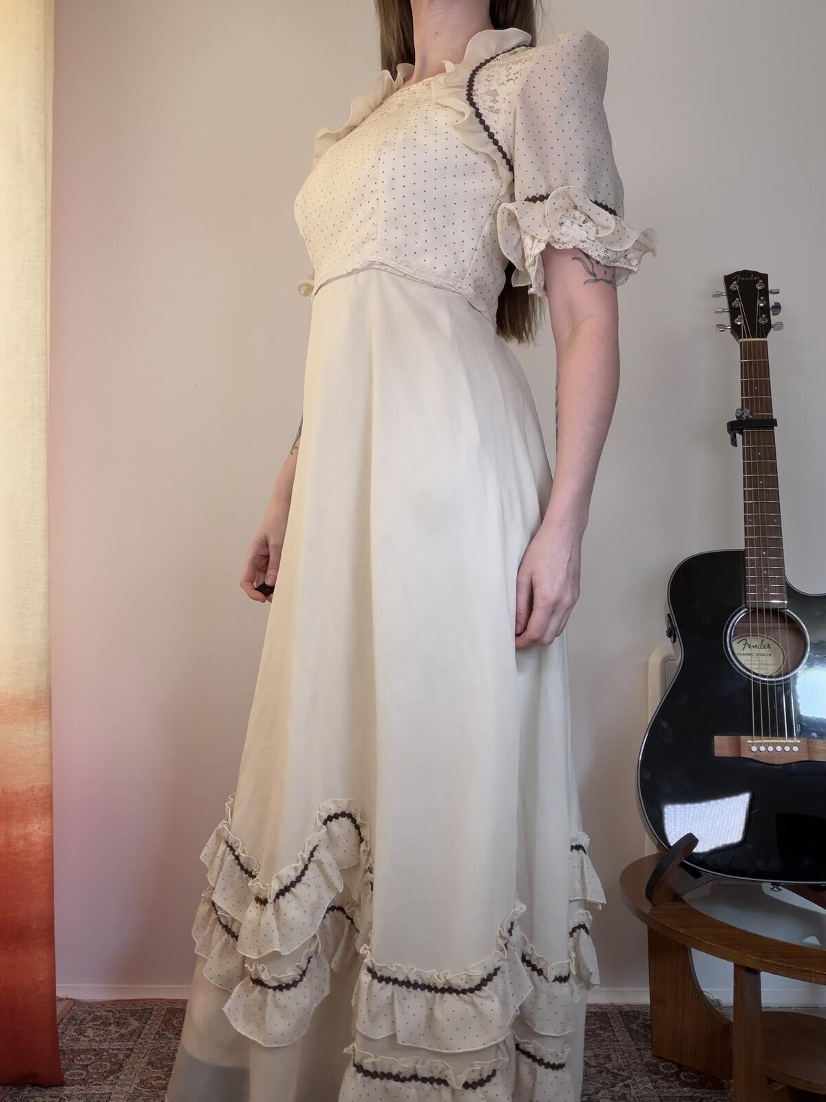 Vintage 1970s Maxi DRESS Cream Polka dot Prairie Dress with Ruffle Trim Size 12