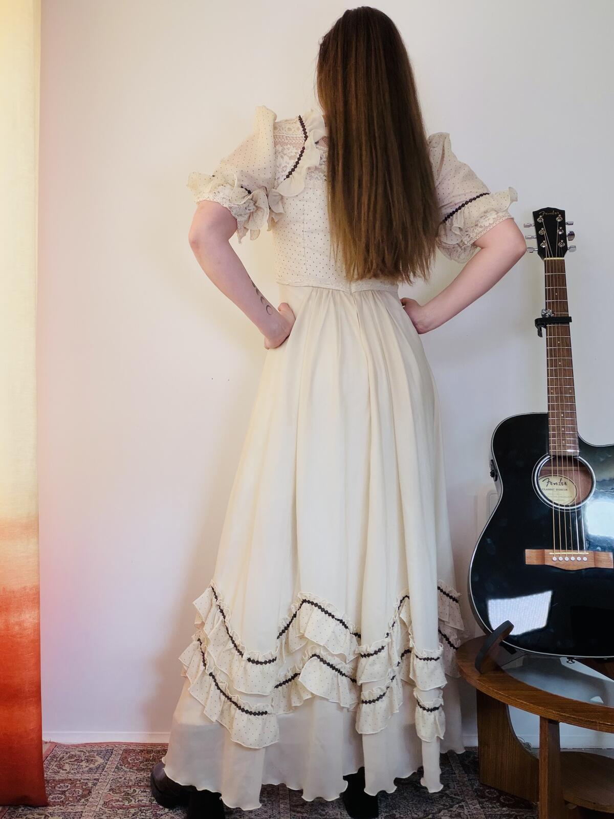 Vintage 1970s Maxi DRESS Cream Polka dot Prairie Dress with Ruffle Trim Size 12