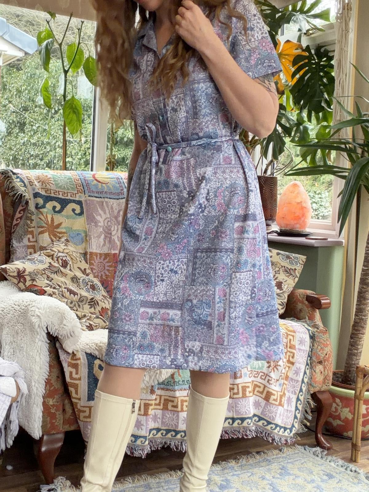 Vintage 1960 Shirt Dress Short Sleeve Floral Paisley Sumner Dress Tie Waist 14