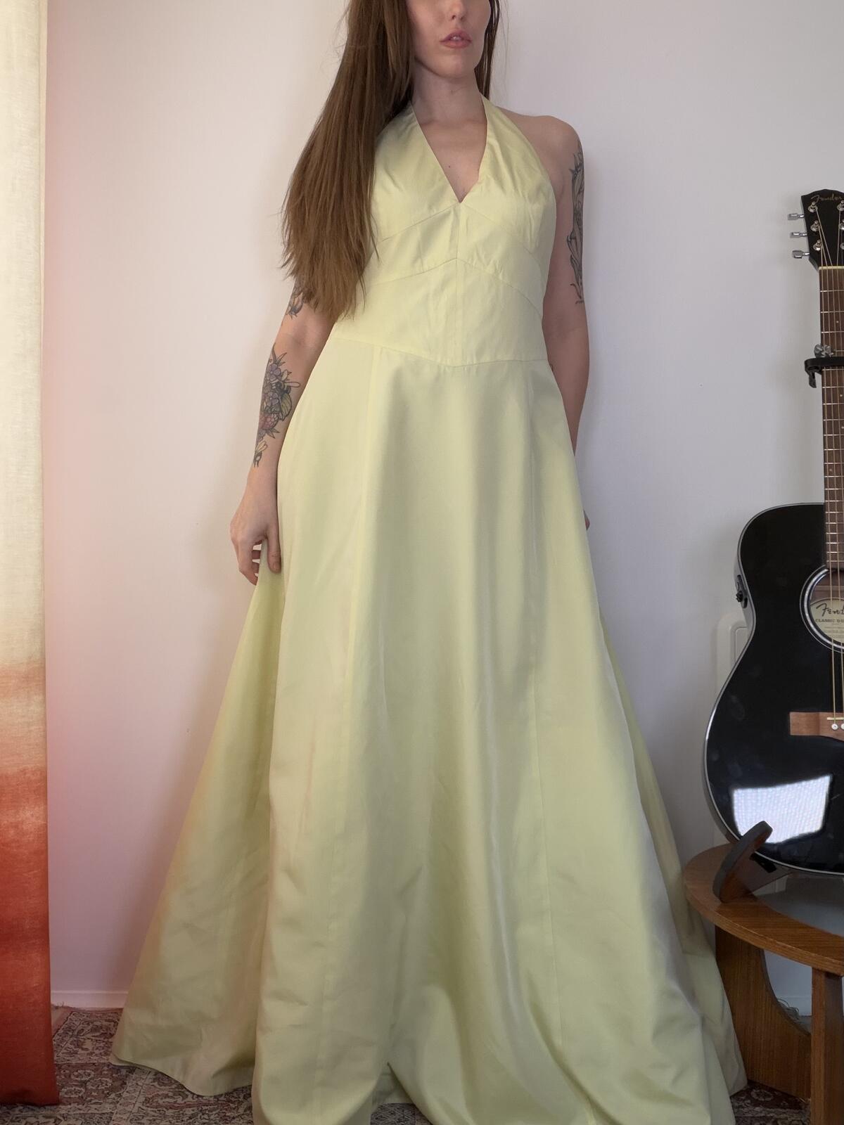 Vintage 1980s Prom Dress Cocktail Gown Yellow Halter Neck Maxi Dress Size 14