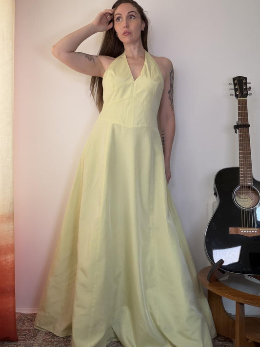 Vintage 1980s Prom Dress Cocktail Gown Yellow Halter Neck Maxi Dress Size 14