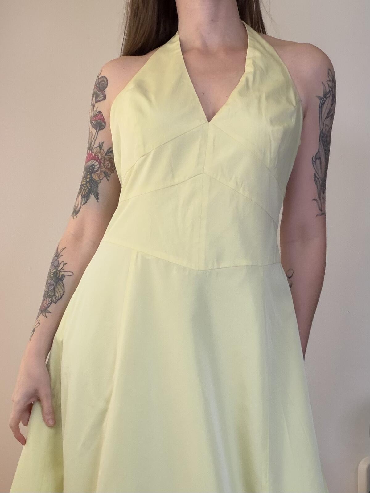 Vintage 1980s Prom Dress Cocktail Gown Yellow Halter Neck Maxi Dress Size 14