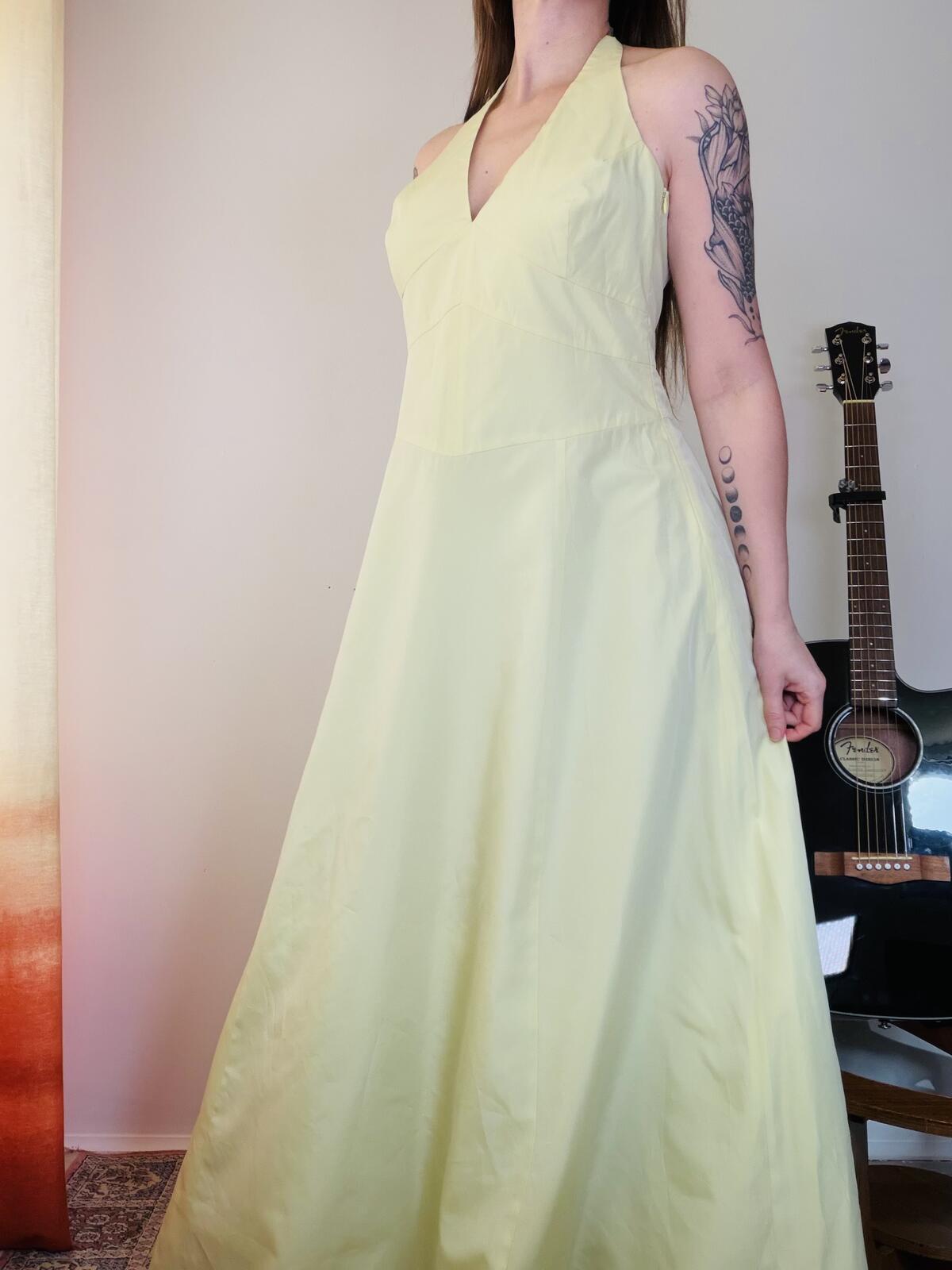 Vintage 1980s Prom Dress Cocktail Gown Yellow Halter Neck Maxi Dress Size 14