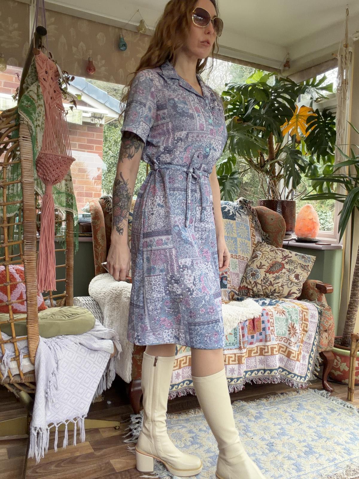 Vintage 1960 Shirt Dress Short Sleeve Floral Paisley Sumner Dress Tie Waist 14