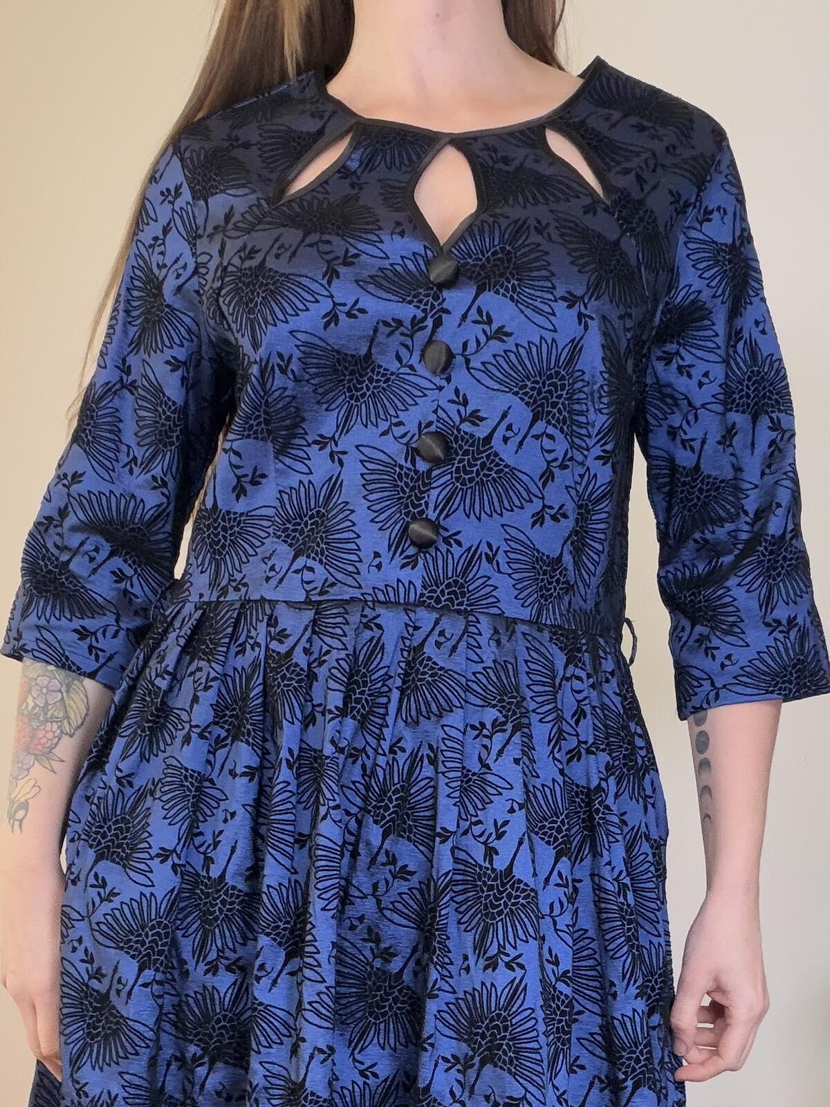 Voodoo Vixen Dress Retro blue black Rockabilly dress with cut out neck Size 16