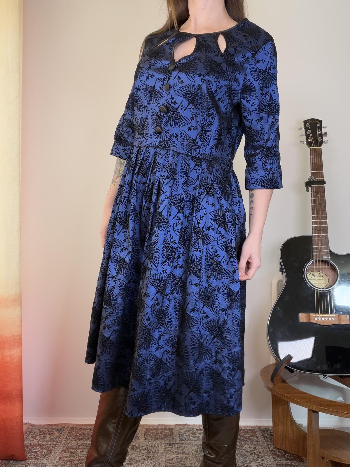 Voodoo Vixen Dress Retro blue black Rockabilly dress with cut out neck Size 16