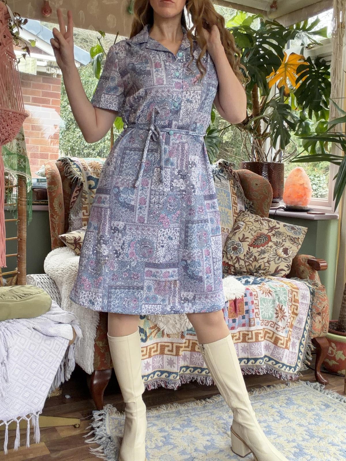 Vintage 1960 Shirt Dress Short Sleeve Floral Paisley Sumner Dress Tie Waist 14