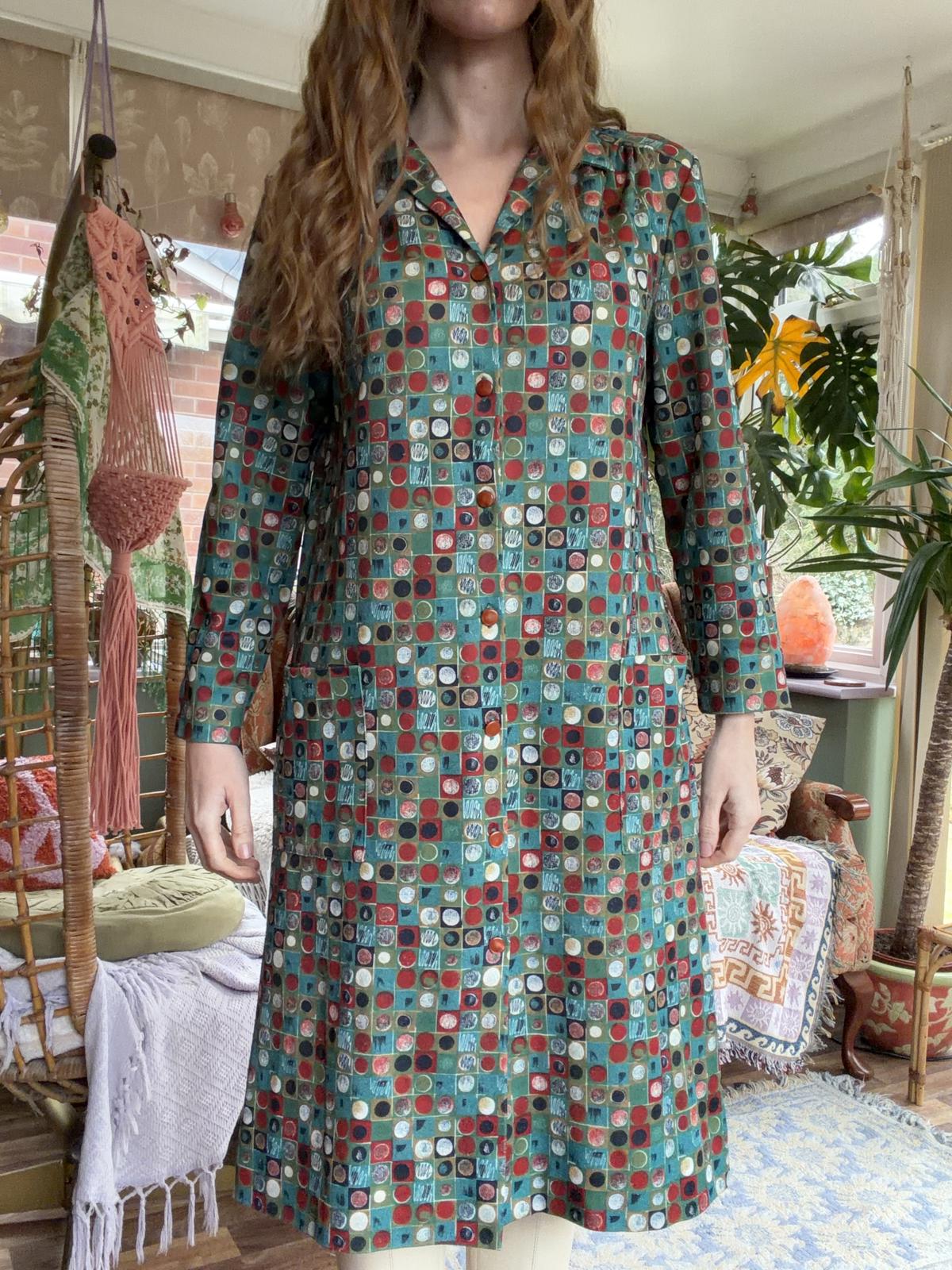 Vintage 1980s Shirt Dress Retro Long Sleeve Collared Abstract By Damart Size 18