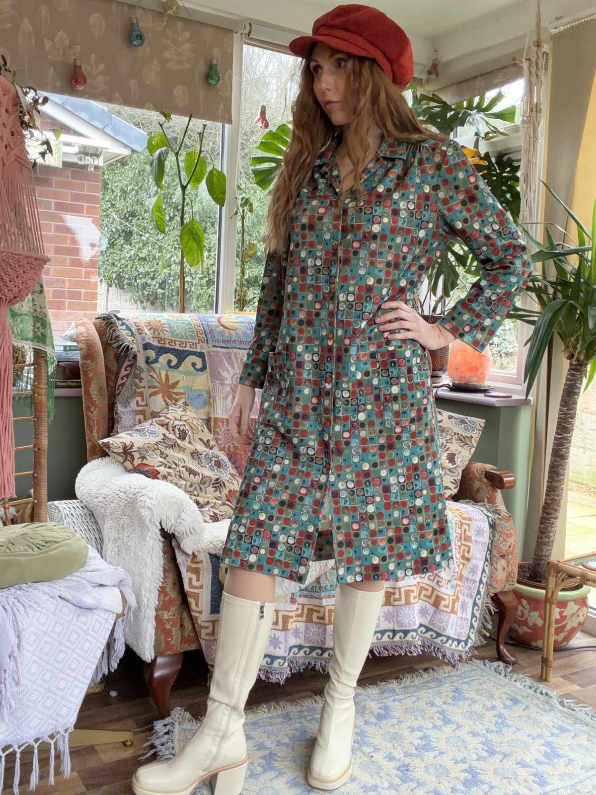 Vintage 1980s Shirt Dress Retro Long Sleeve Collared Abstract By Damart Size 18
