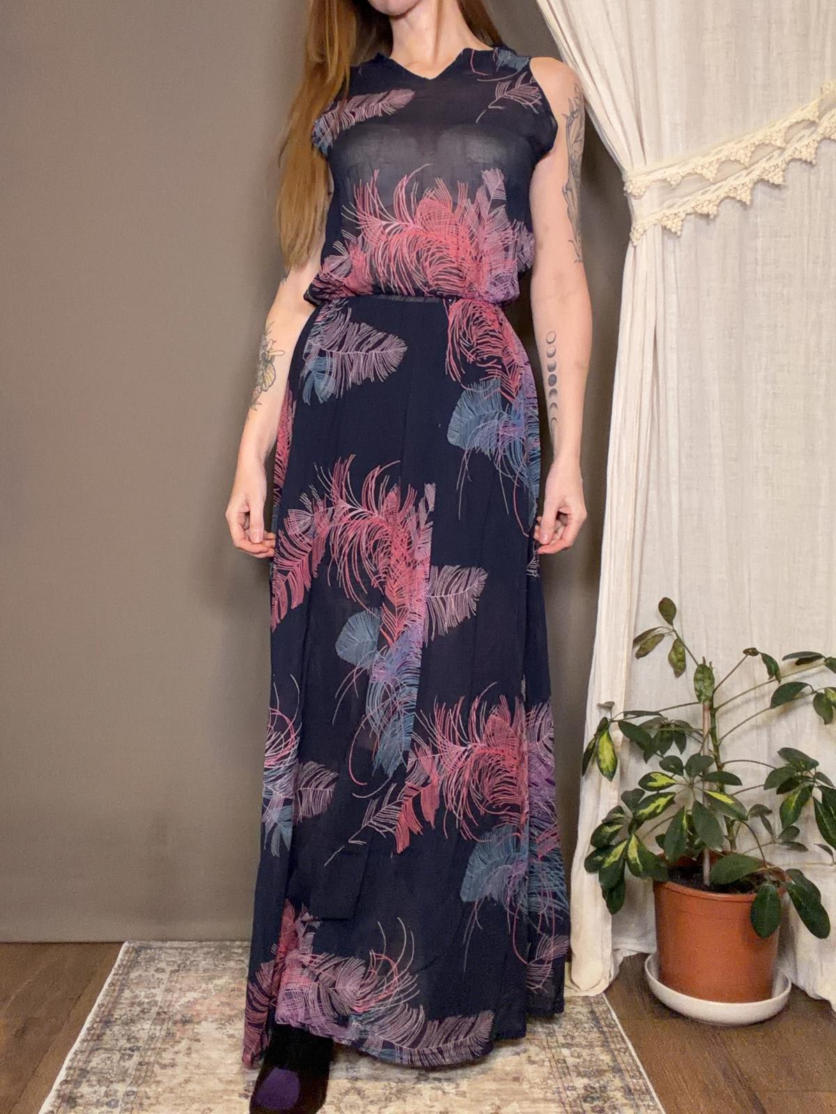 Hippie Boho Maxi Dress Pink Blue Feather Print Sheer Festival Summer Size 12 14