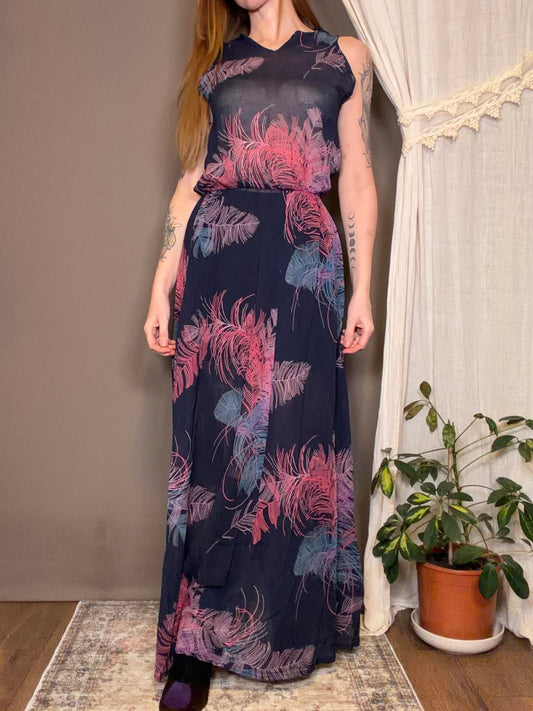 Hippie Boho Maxi Dress Pink Blue Feather Print Sheer Festival Summer Size 12 14
