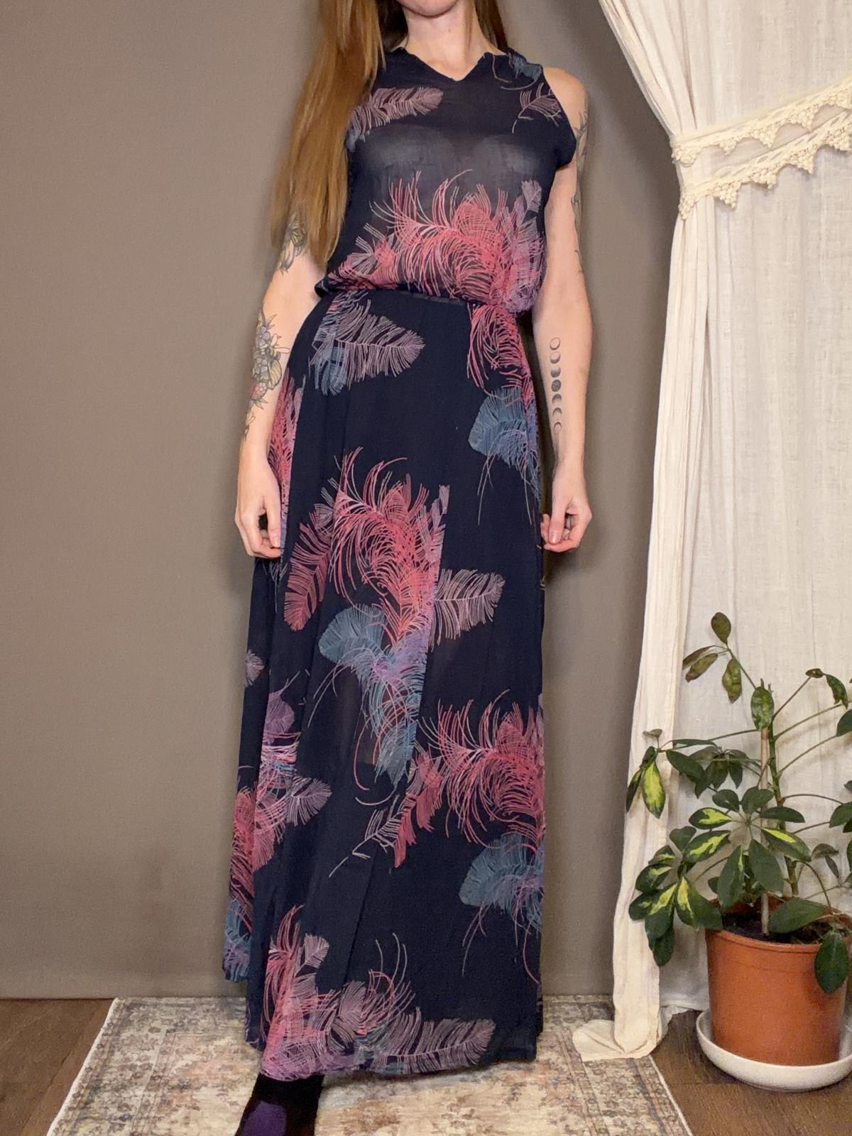Hippie Boho Maxi Dress Pink Blue Feather Print Sheer Festival Summer Size 12 14
