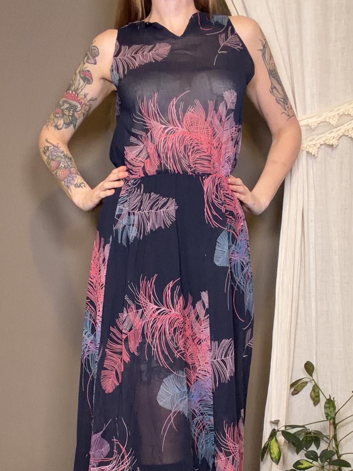Hippie Boho Maxi Dress Pink Blue Feather Print Sheer Festival Summer Size 12 14