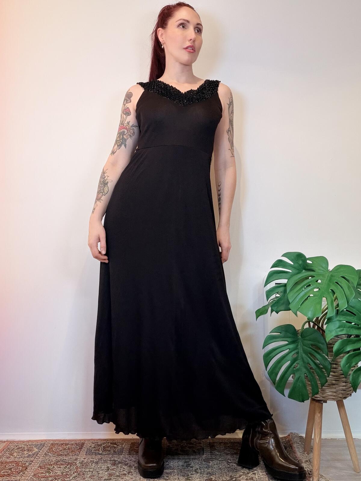 Vintage 1970s Cocktail Dress Black Maxi Dress with Sequin V Neckline Size 10