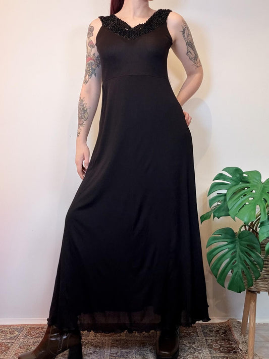 Vintage 1970s Cocktail Dress Black Maxi Dress with Sequin V Neckline Size 10