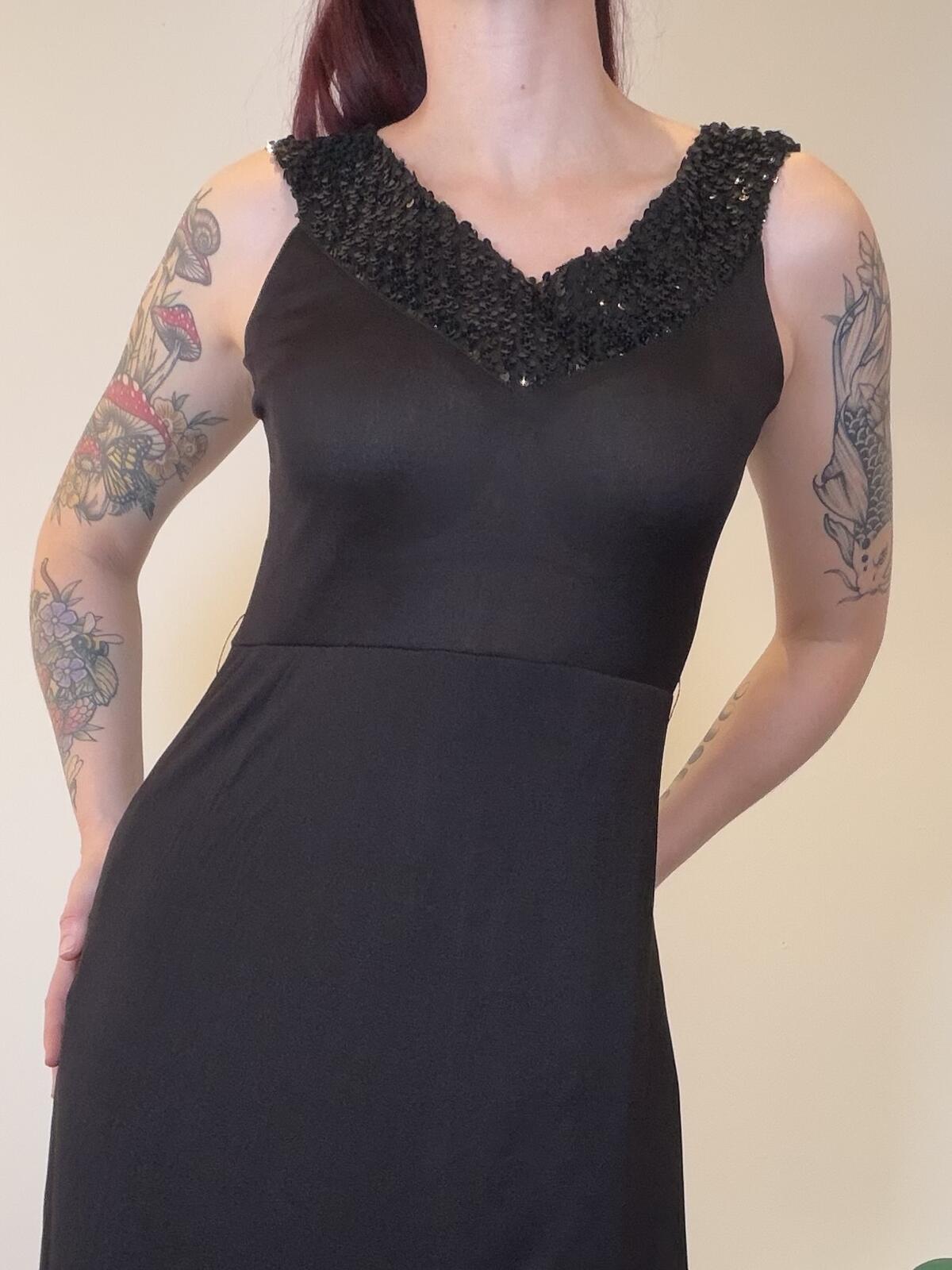 Vintage 1970s Cocktail Dress Black Maxi Dress with Sequin V Neckline Size 10