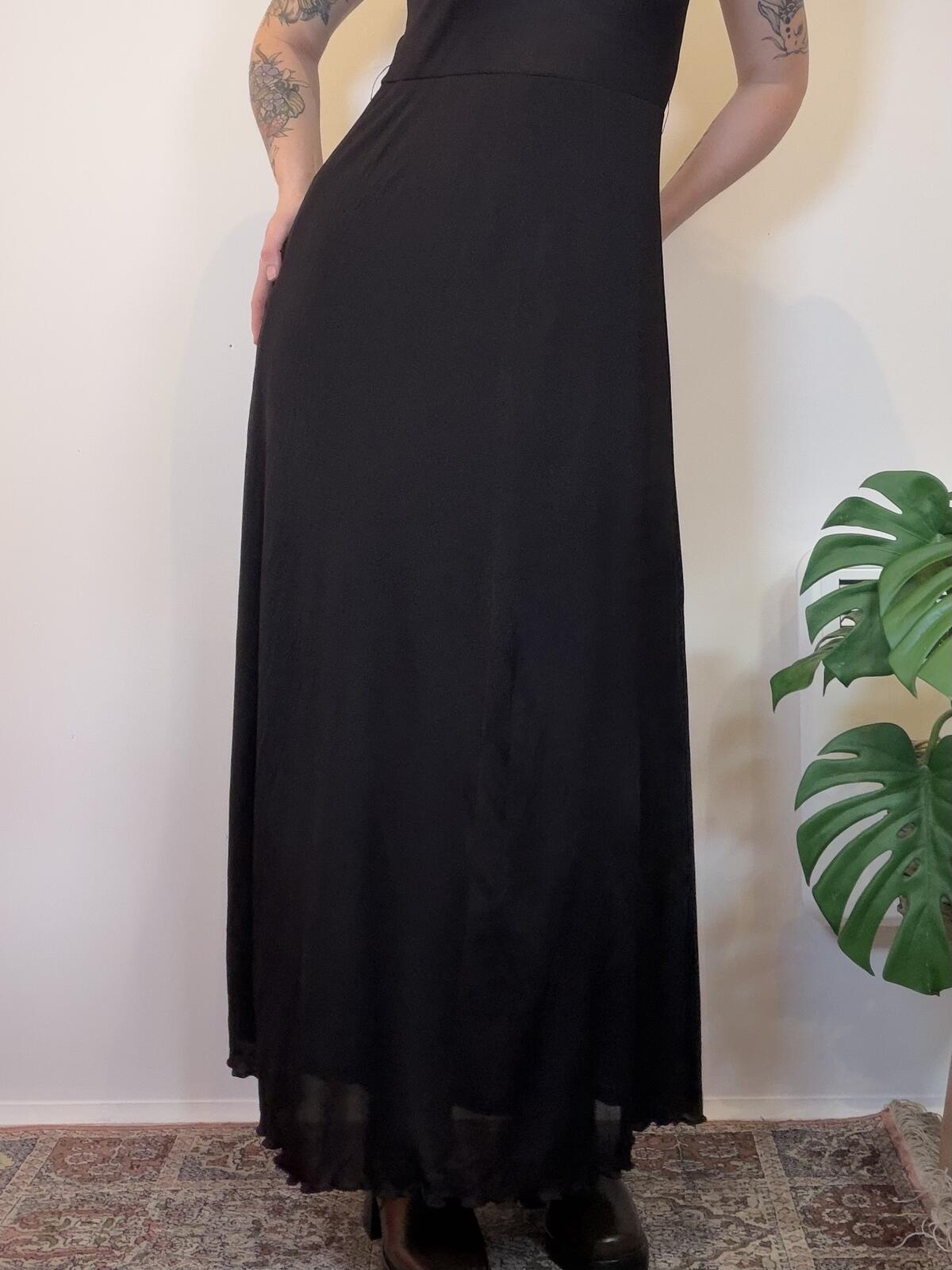 Vintage 1970s Cocktail Dress Black Maxi Dress with Sequin V Neckline Size 10
