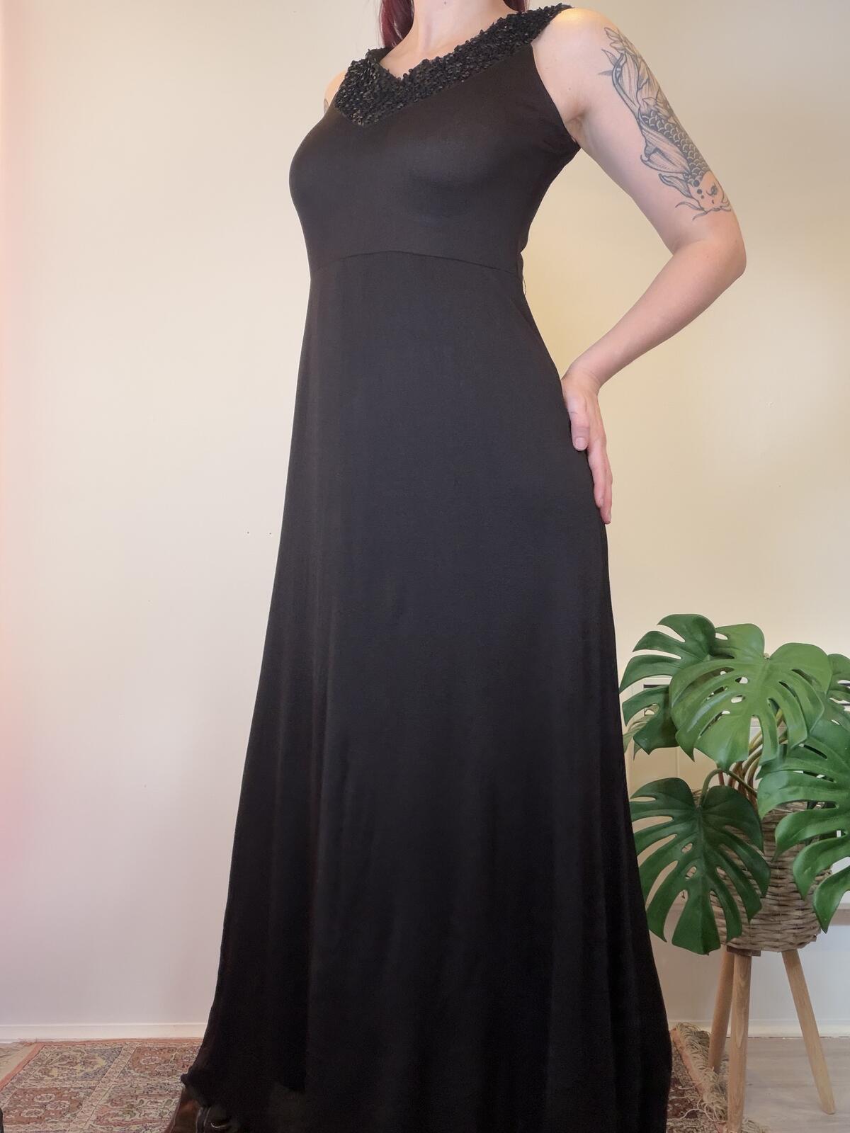 Vintage 1970s Cocktail Dress Black Maxi Dress with Sequin V Neckline Size 10
