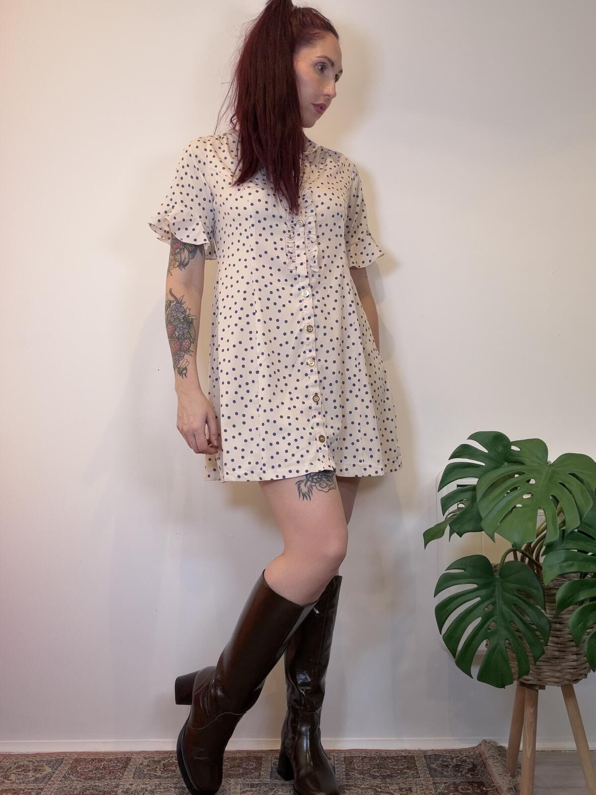 Vintage Y2k shirt Dress white Polka Dot Button Mini Dress with Ruffles size 10