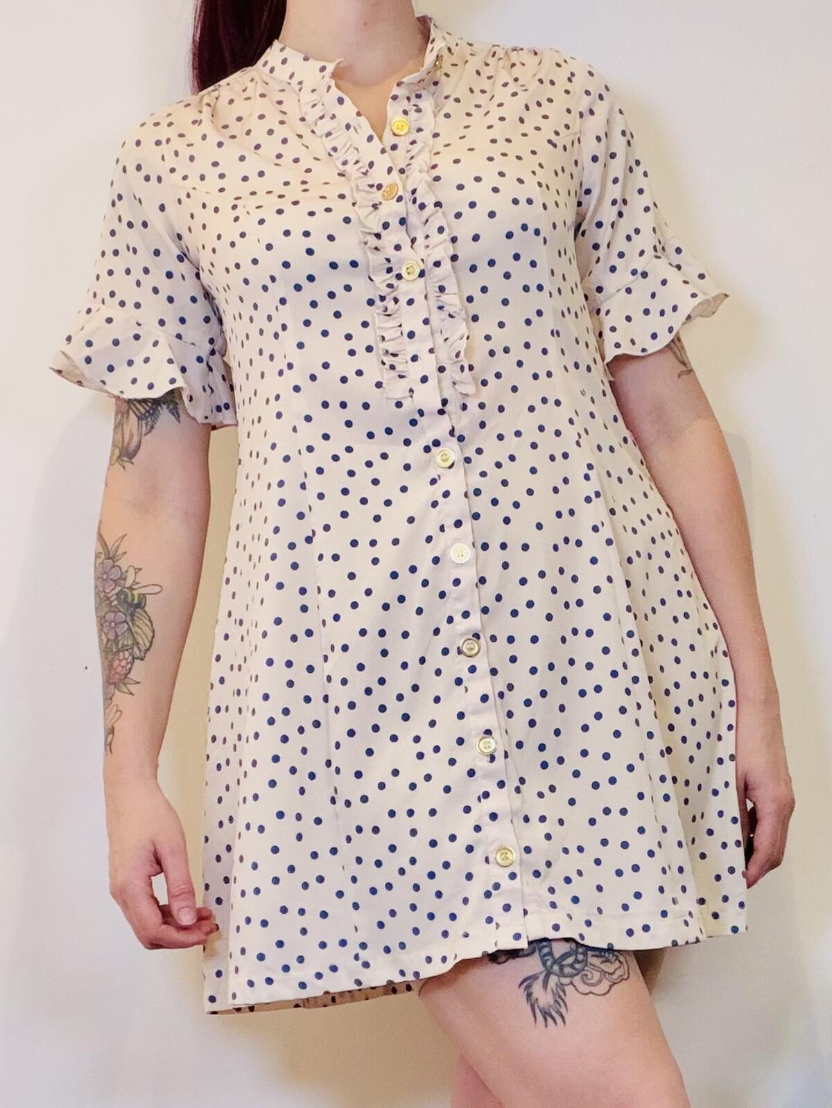 Vintage Y2k shirt Dress white Polka Dot Button Mini Dress with Ruffles size 10