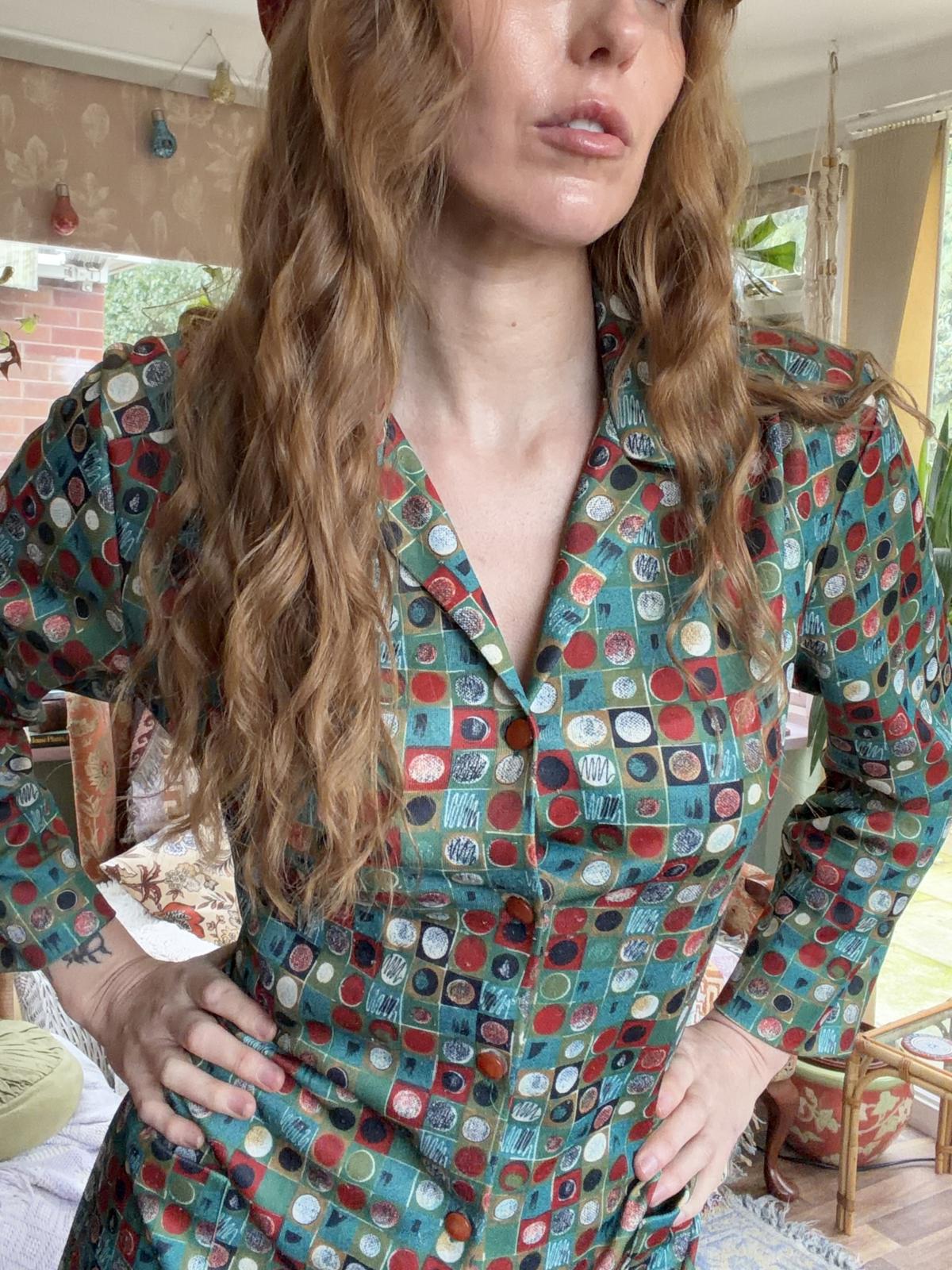 Vintage 1980s Shirt Dress Retro Long Sleeve Collared Abstract By Damart Size 18