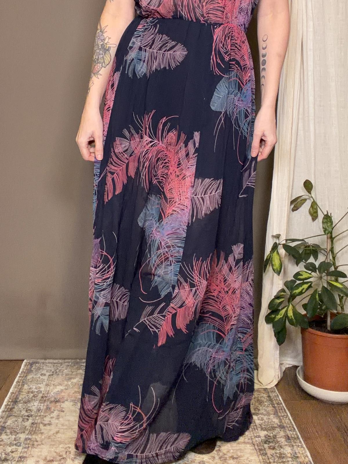 Hippie Boho Maxi Dress Pink Blue Feather Print Sheer Festival Summer Size 12 14