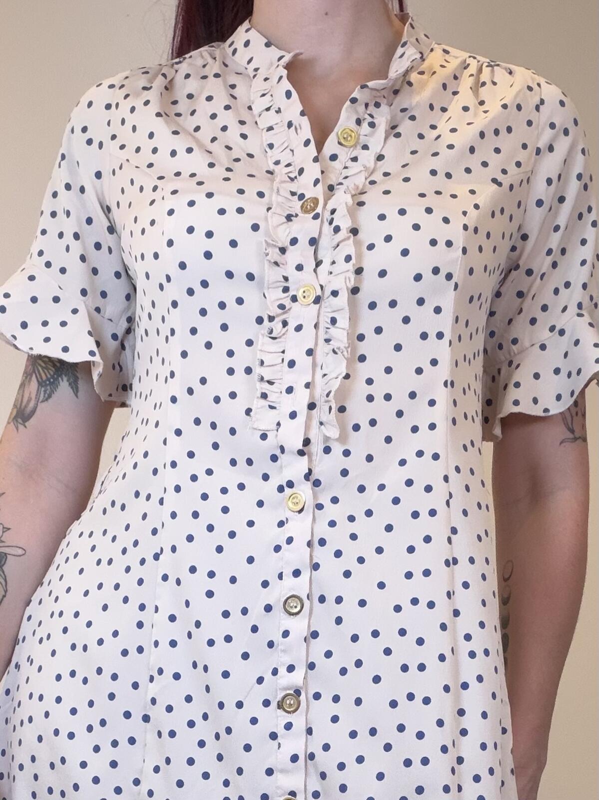 Vintage Y2k shirt Dress white Polka Dot Button Mini Dress with Ruffles size 10
