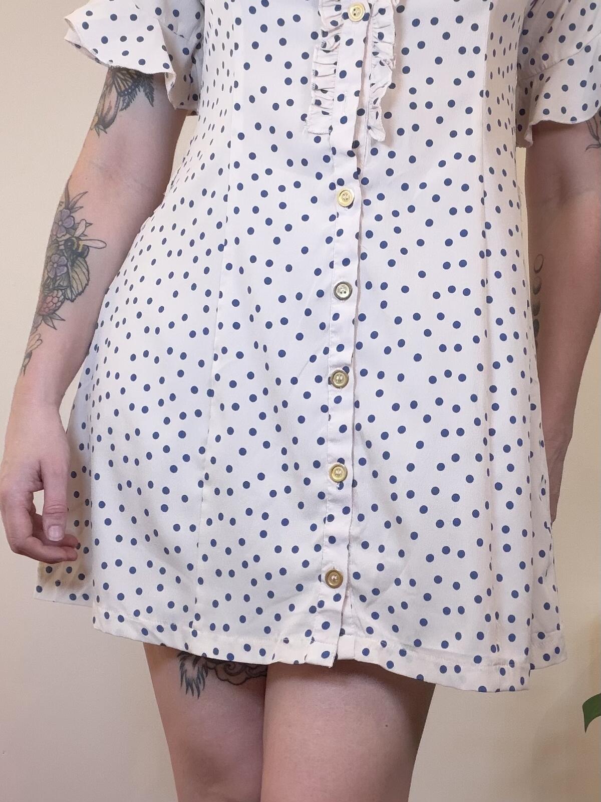 Vintage Y2k shirt Dress white Polka Dot Button Mini Dress with Ruffles size 10