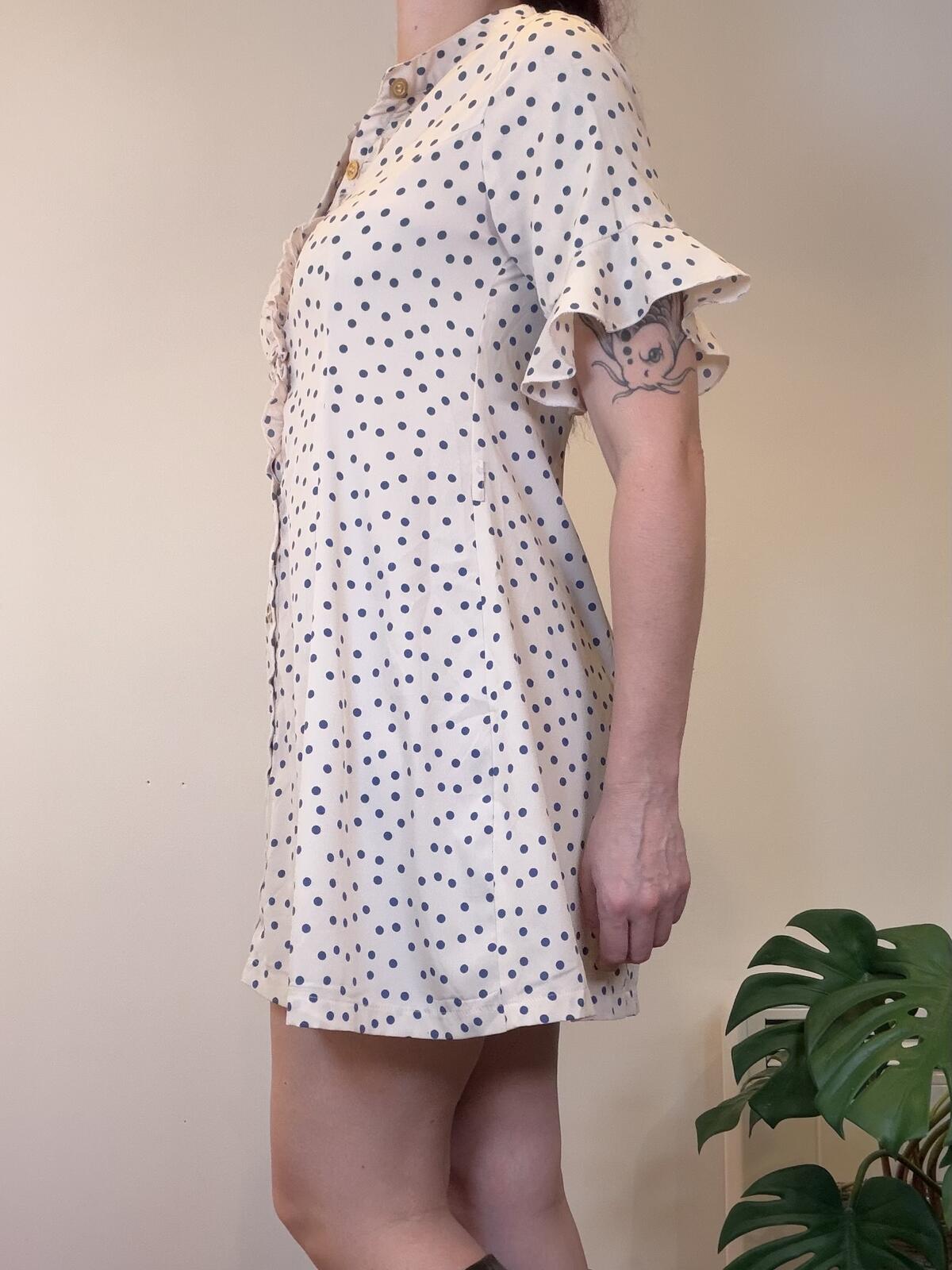 Vintage Y2k shirt Dress white Polka Dot Button Mini Dress with Ruffles size 10