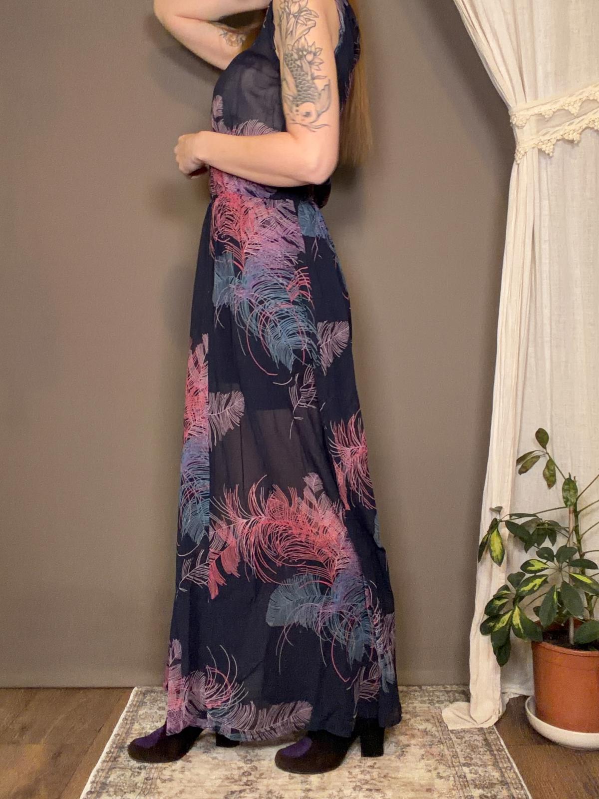 Hippie Boho Maxi Dress Pink Blue Feather Print Sheer Festival Summer Size 12 14