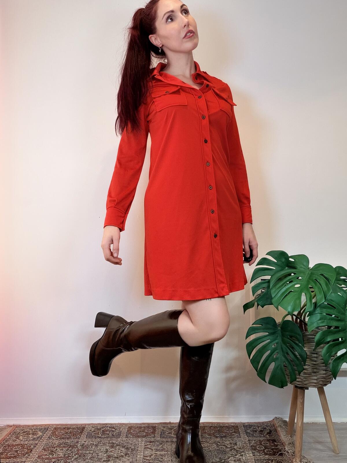 Vintage 1970s Shirt Dress Red Long Sleeve Button-Up Dress with Pockets size 10