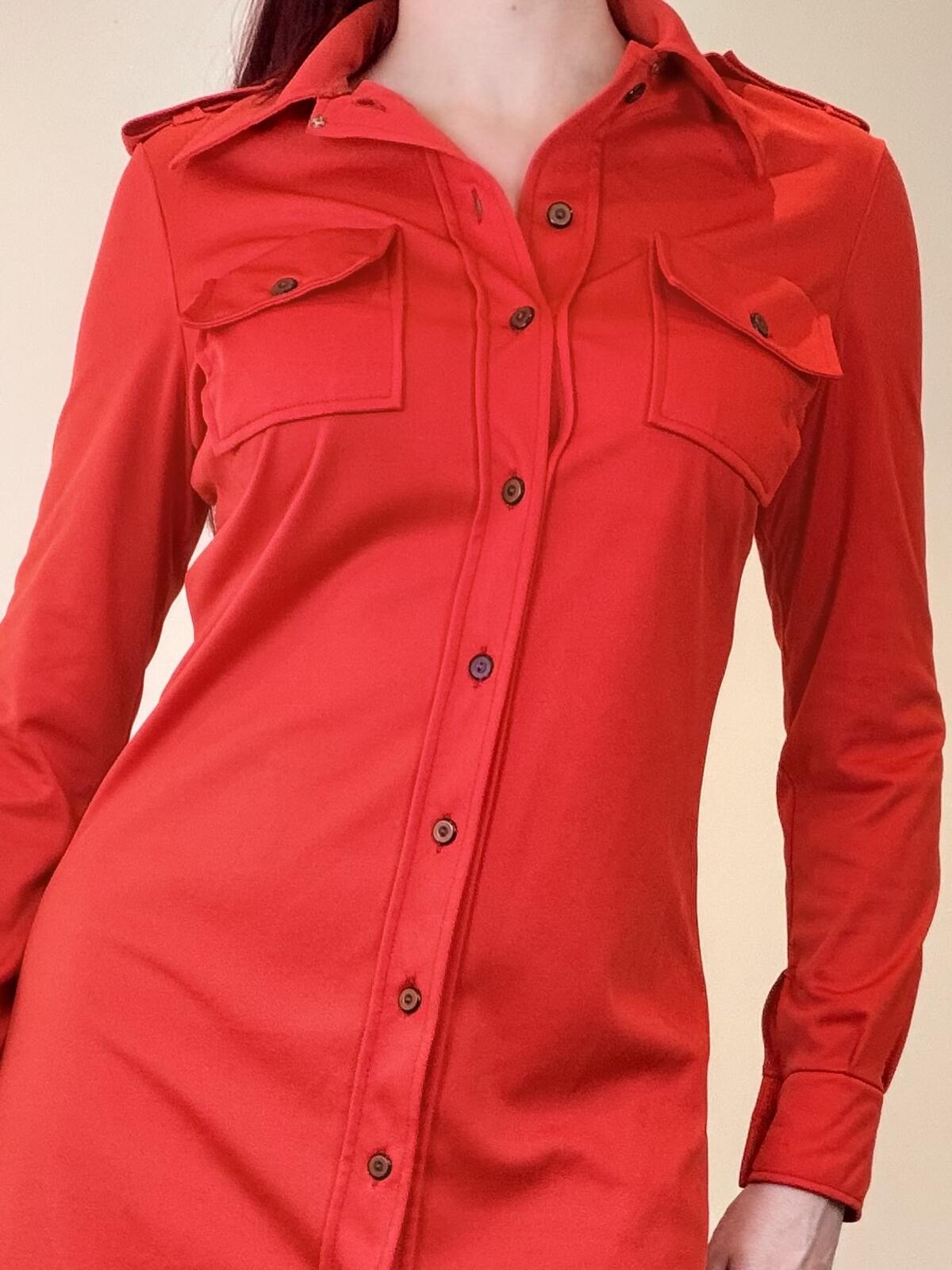 Vintage 1970s Shirt Dress Red Long Sleeve Button-Up Dress with Pockets size 10