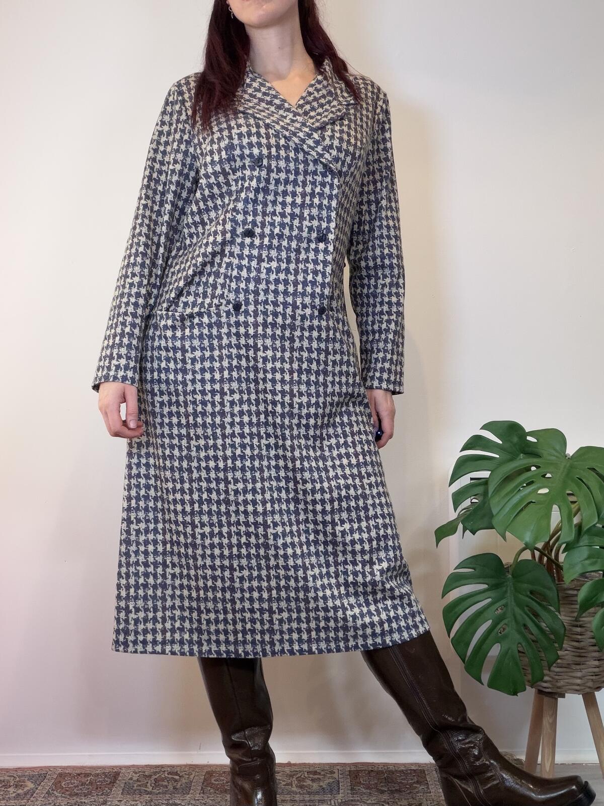 Vintage 1980s Shirt Dress Blue and Cream Houndstooth Printed long sleeve 18 size