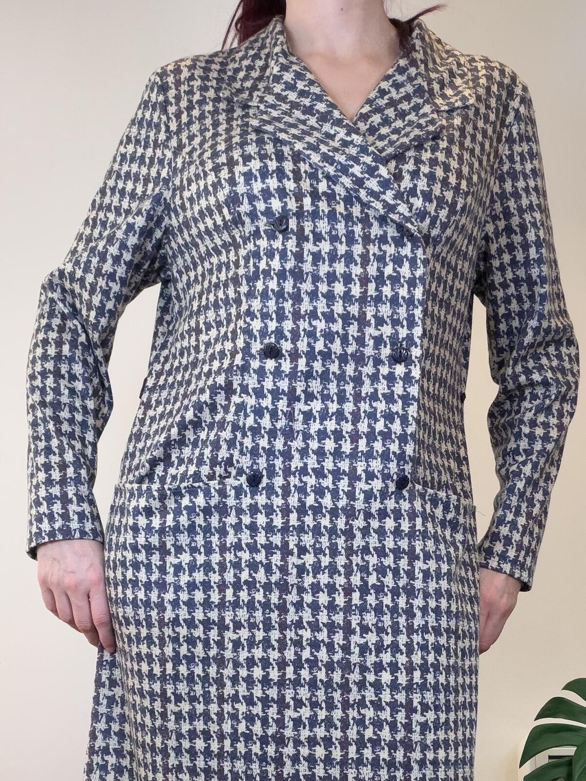 Vintage 1980s Shirt Dress Blue and Cream Houndstooth Printed long sleeve 18 size