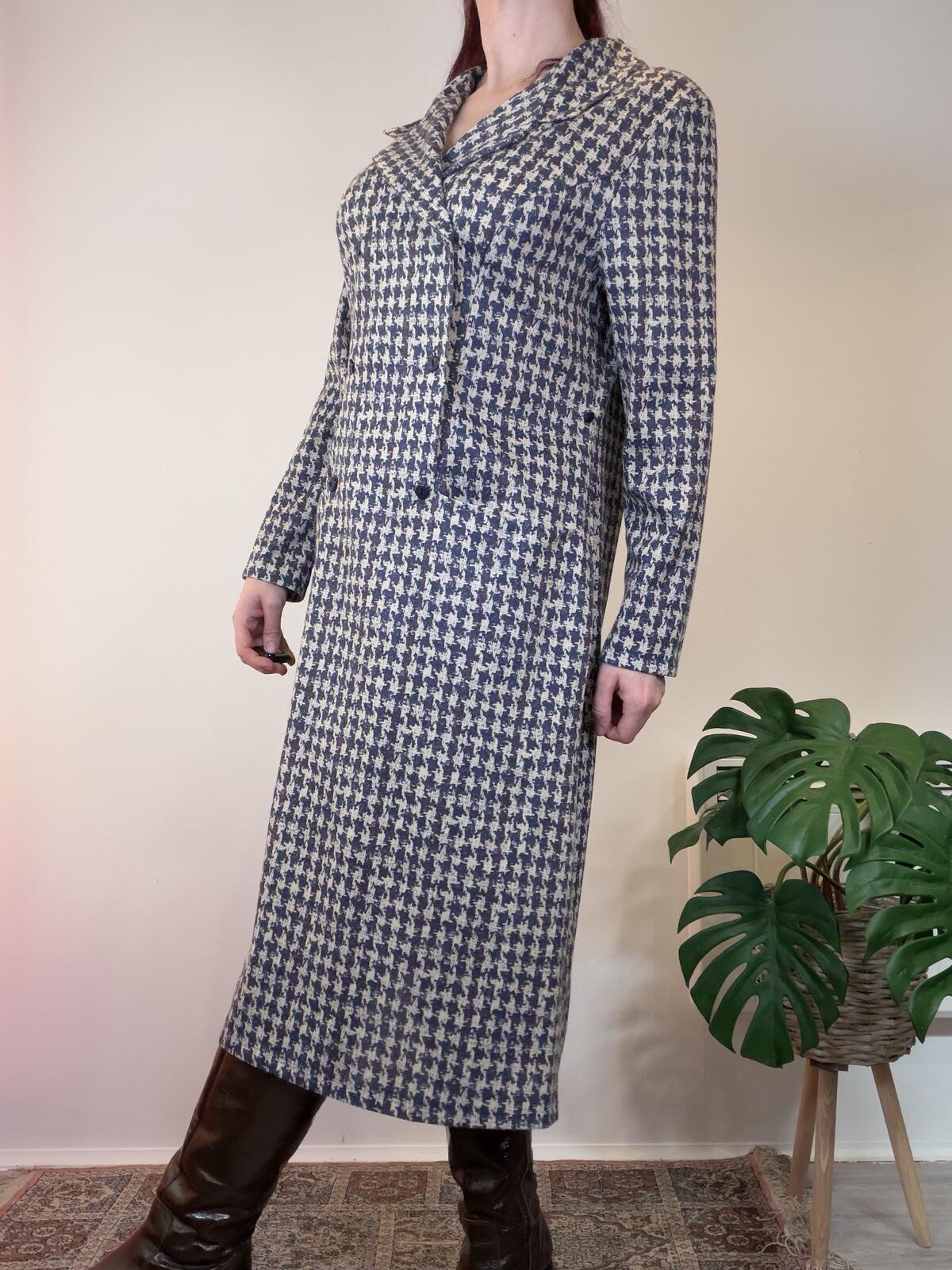 Vintage 1980s Shirt Dress Blue and Cream Houndstooth Printed long sleeve 18 size